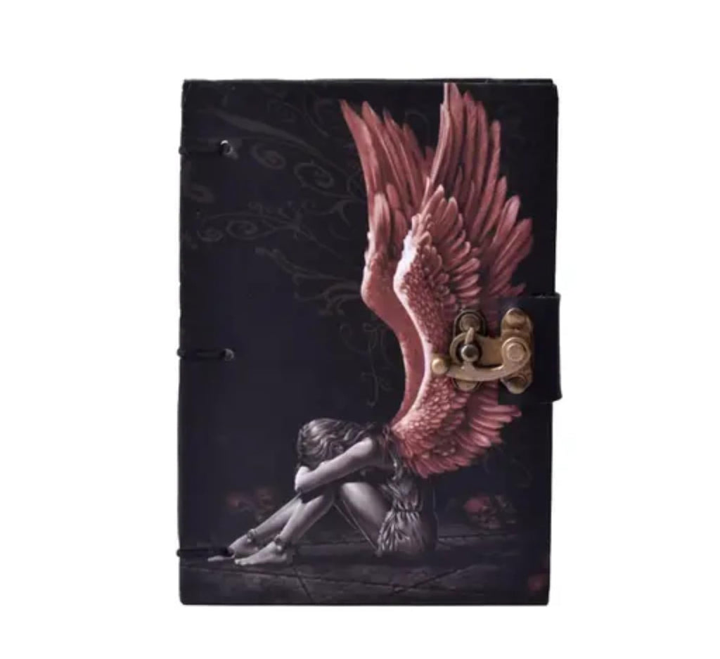 Gothic Angel Wing Journal with Lock, Black Leather Notebook with Pink Wings, Vintage Style Writing Diary