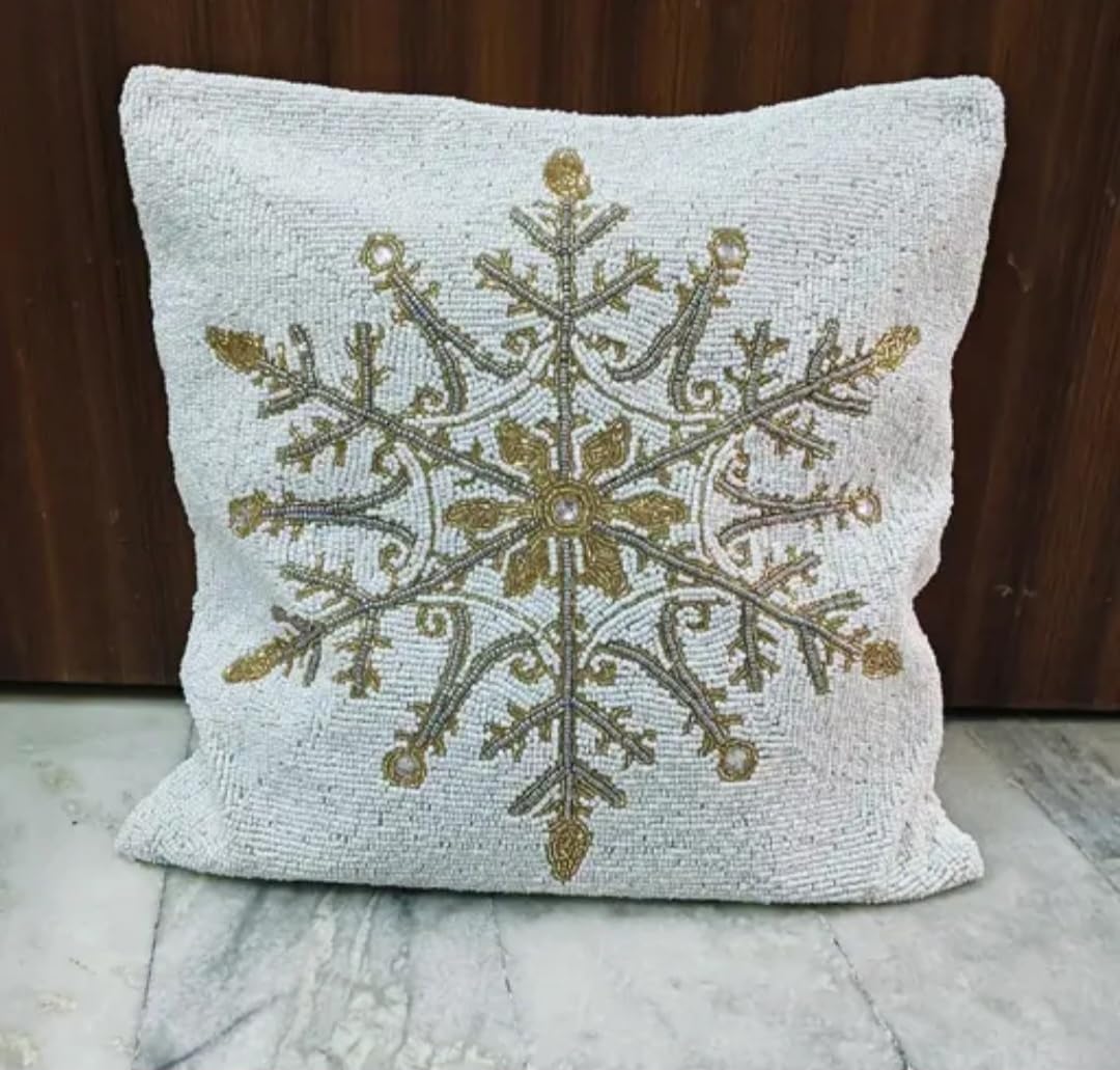 Beaded Snowflake Throw Pillow Cover, White and Gold, Decorative Christmas Winter Theme