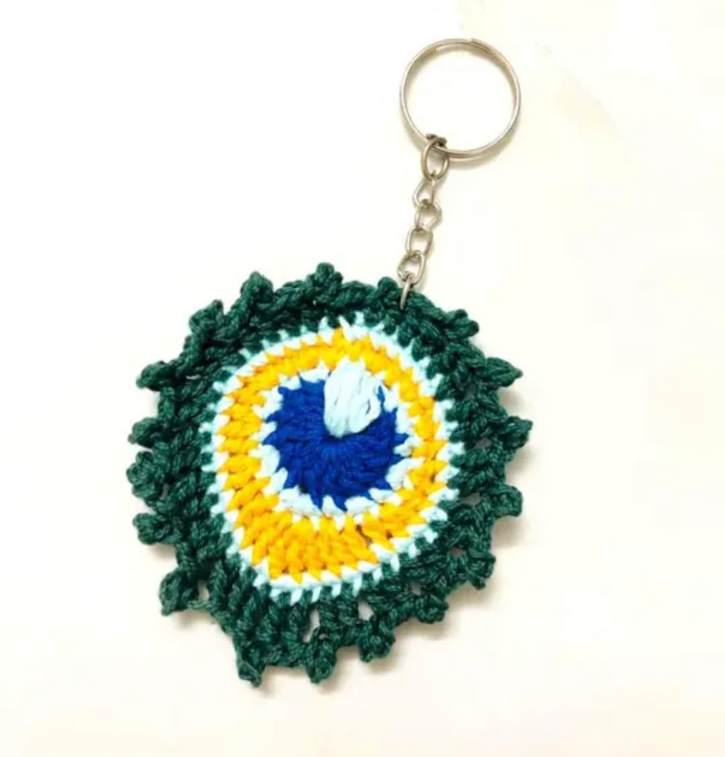 Handmade Crochet Peacock Feather Keychain, Green, Blue and Yellow, Boho Style