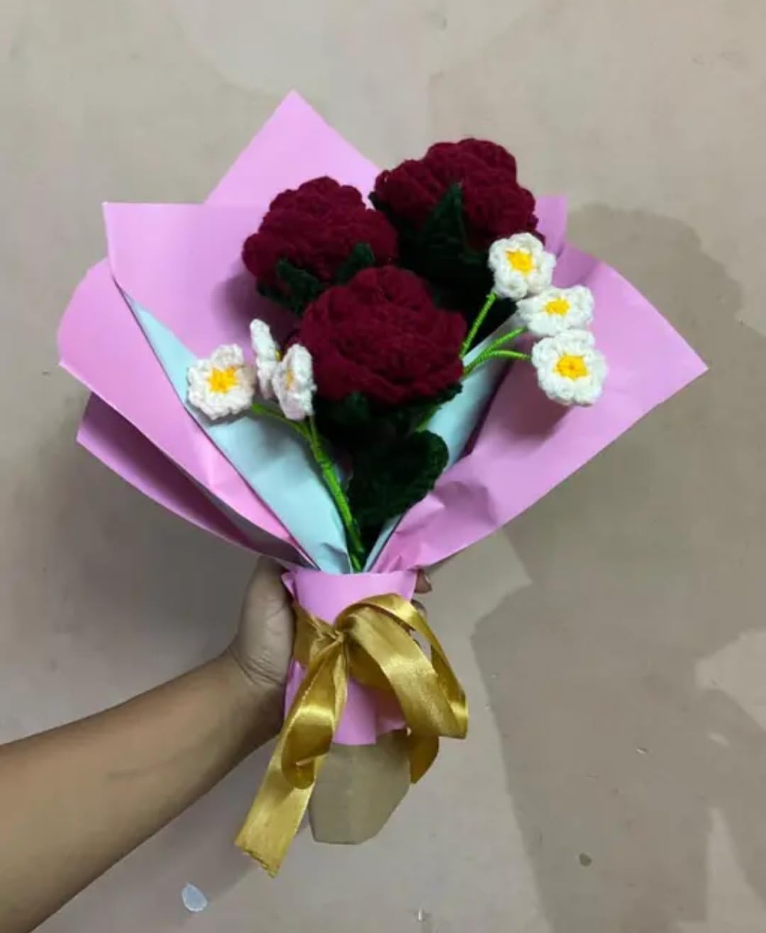 Handmade Crochet Rose Bouquet, Dark Red with White Flowers, Pink Wrap, Gold Ribbon, Artificial Floral Gift
