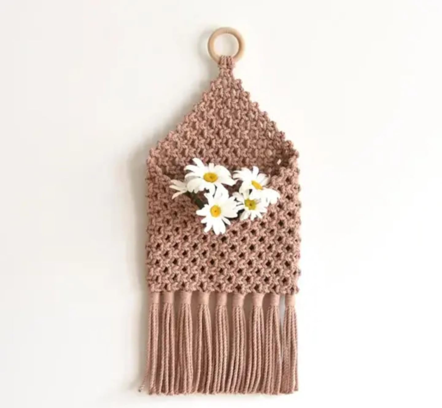 Handmade Macramé Wall Hanging Pocket with Ring, Blush Pink, Decorative Woven Storage with Fringe