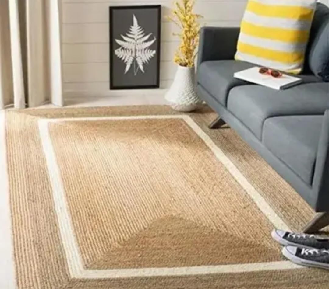 Natural Jute Area Rug with White Border, Braided Handwoven Style, Living Room Decor