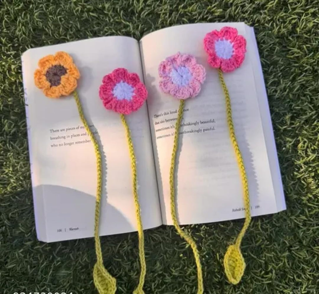 Handmade Crochet Flower Bookmarks, Set of 4, Floral Design with Leaf Stem, Multicolor