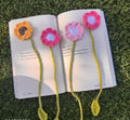 Handmade Crochet Flower Bookmarks, Set of 4, Floral Design with Leaf Stem, Multicolor