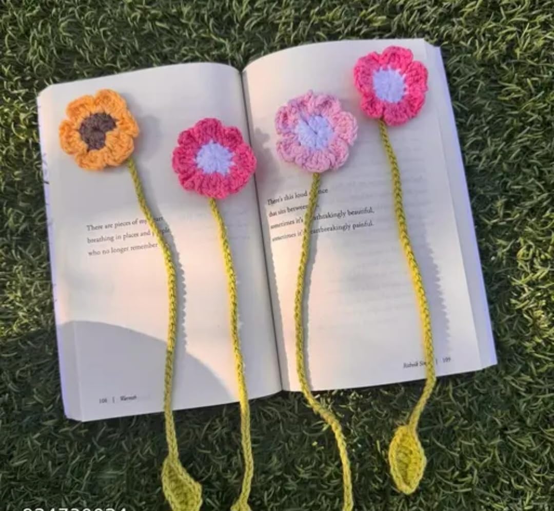 Handmade Crochet Flower Bookmarks, Set of 4, Floral Design with Leaf Stem, Multicolor