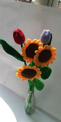 Handmade Crochet Flower Bouquet, Sunflowers and Tulips, Knitted Yarn, Home Decor