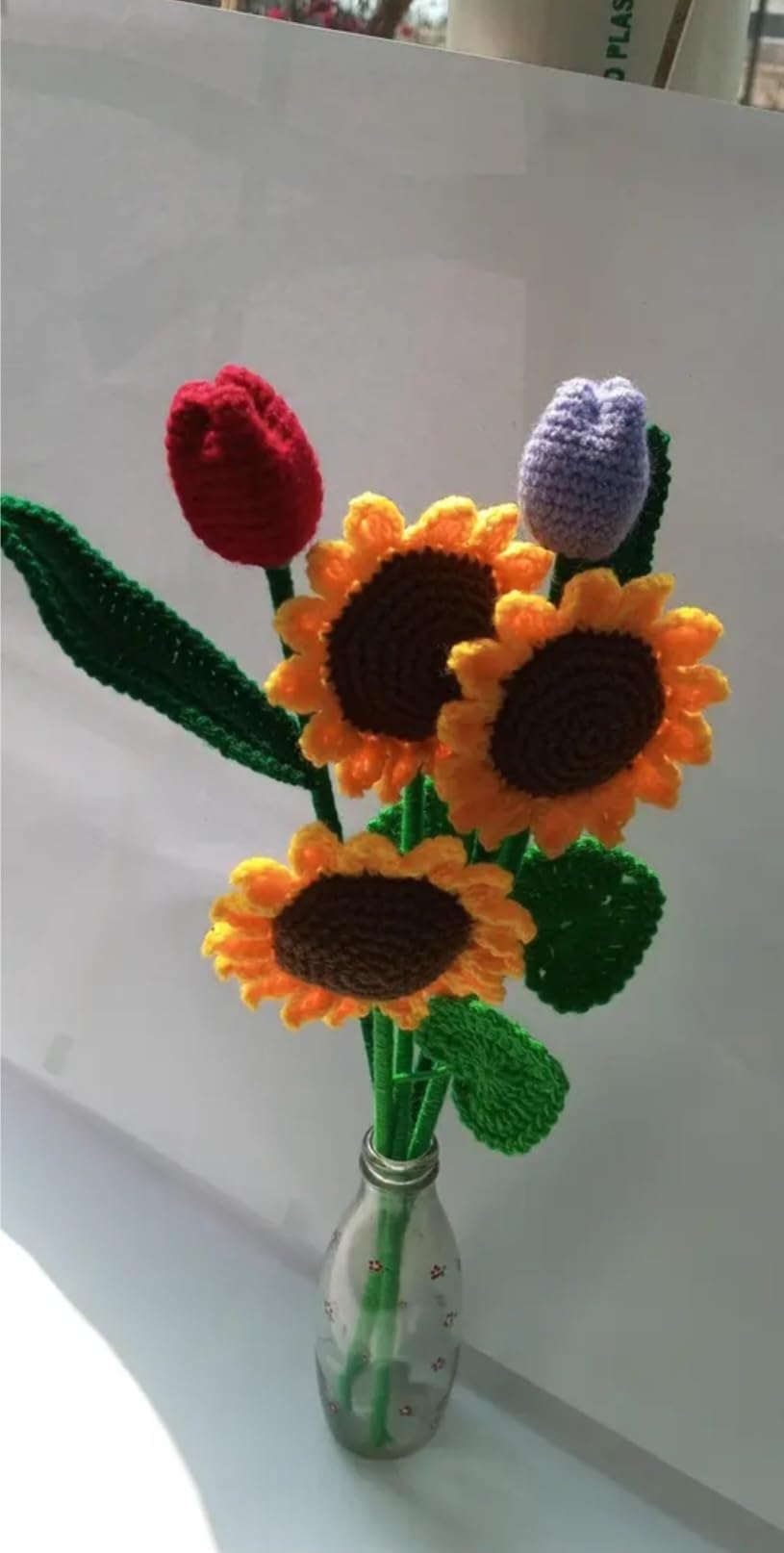 Handmade Crochet Flower Bouquet, Sunflowers and Tulips, Knitted Yarn, Home Decor
