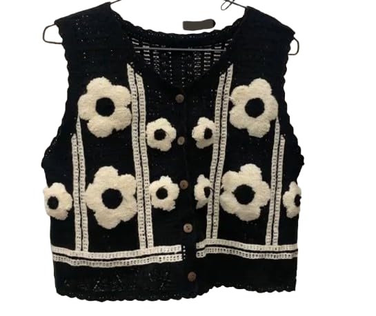 Women's Black Knit Vest, Floral Applique, Button-Front, Sleeveless Cropped Cardigan, Handmade top