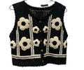 Women's Black Knit Vest, Floral Applique, Button-Front, Sleeveless Cropped Cardigan, Handmade top