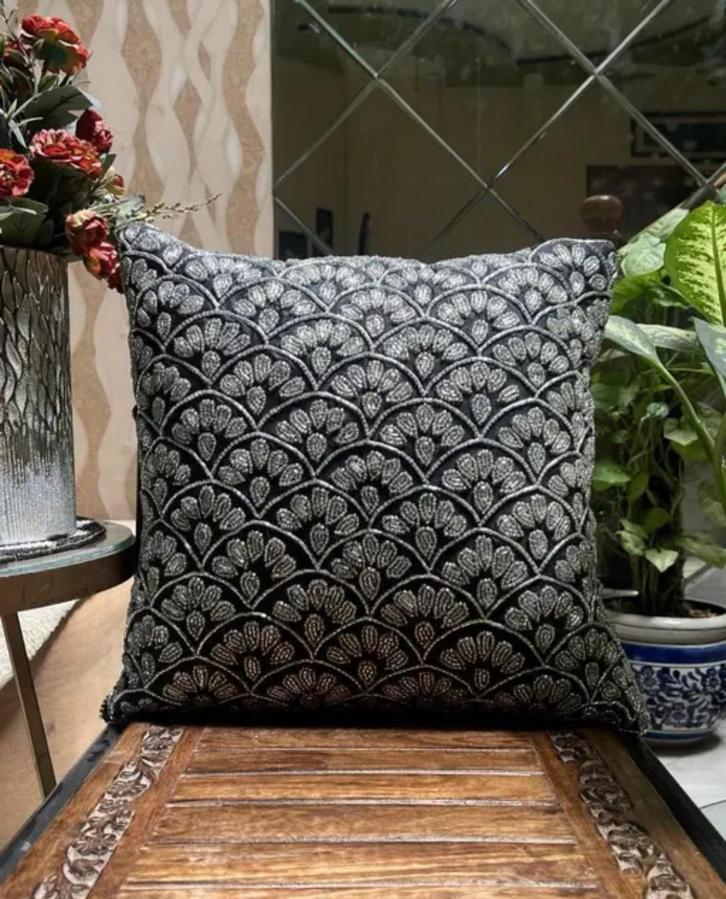 Decorative Throw Pillow Cover, Black and Silver, Scallop Embroidered Pattern, Boho Chic Style
