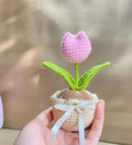Handmade Crochet Tulip Potted Plant, Pink Flower with Green Leaves, Miniature Knitted Decor, Ribbon Bow Accent
