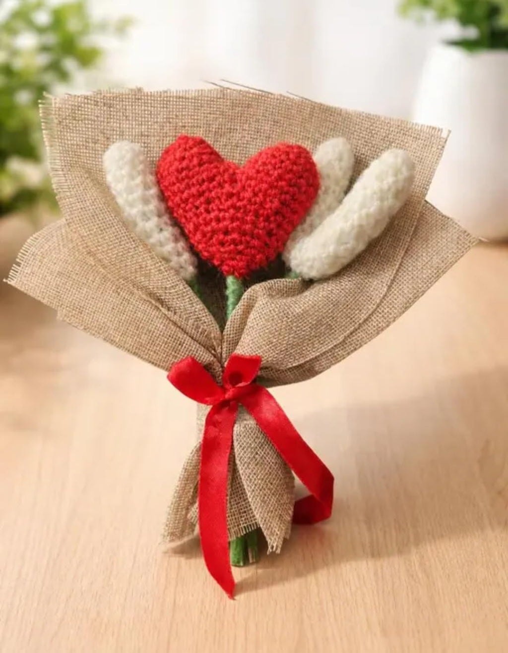 Handmade Crochet Love Bouquet, Red Heart with White Letters, Burlap Wrapped, Valentine's Day Gift