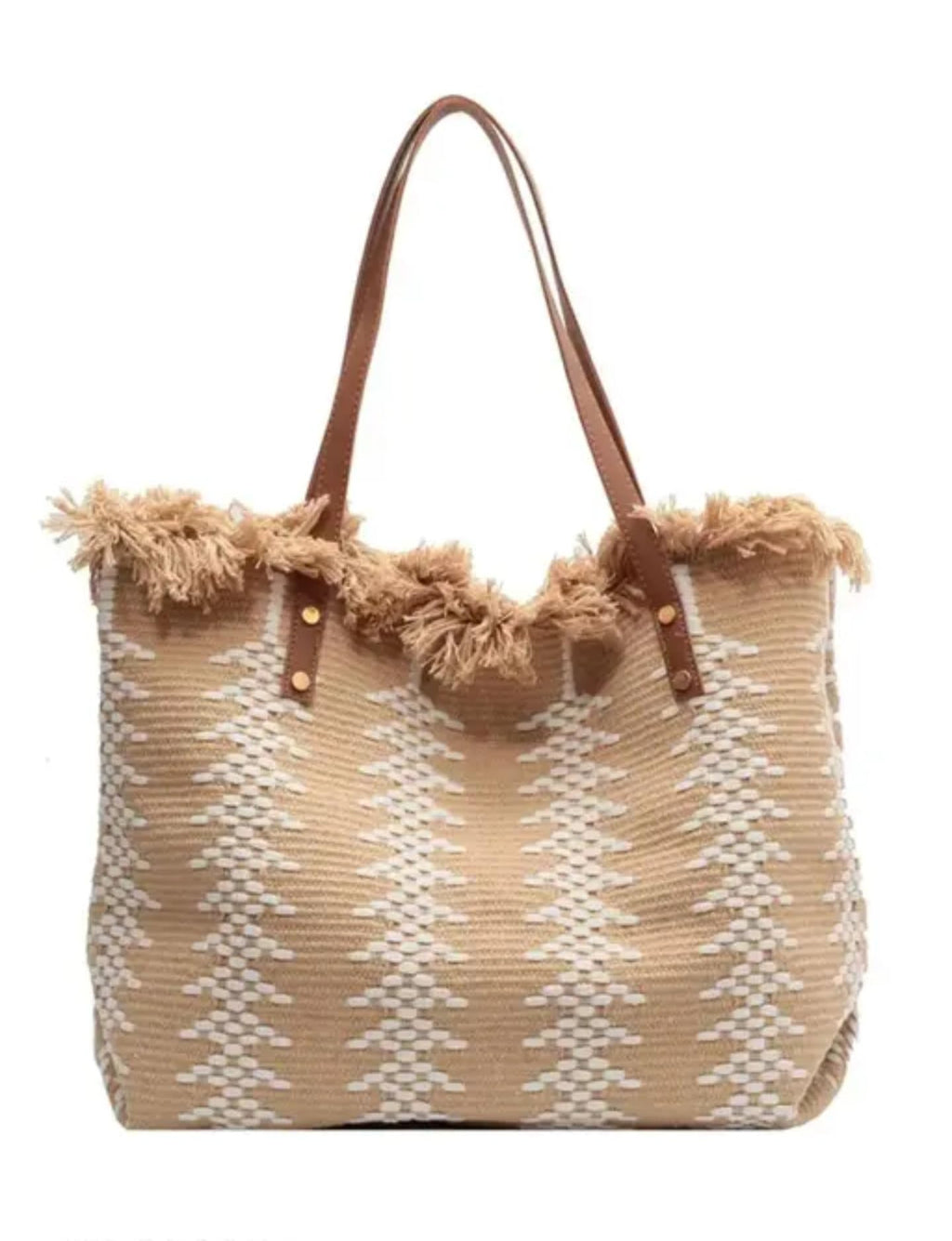 Handmade jute bag Boho Woven Beach Tote Bag with Fringe Trim, Beige Diamond Pattern, Leather Handles