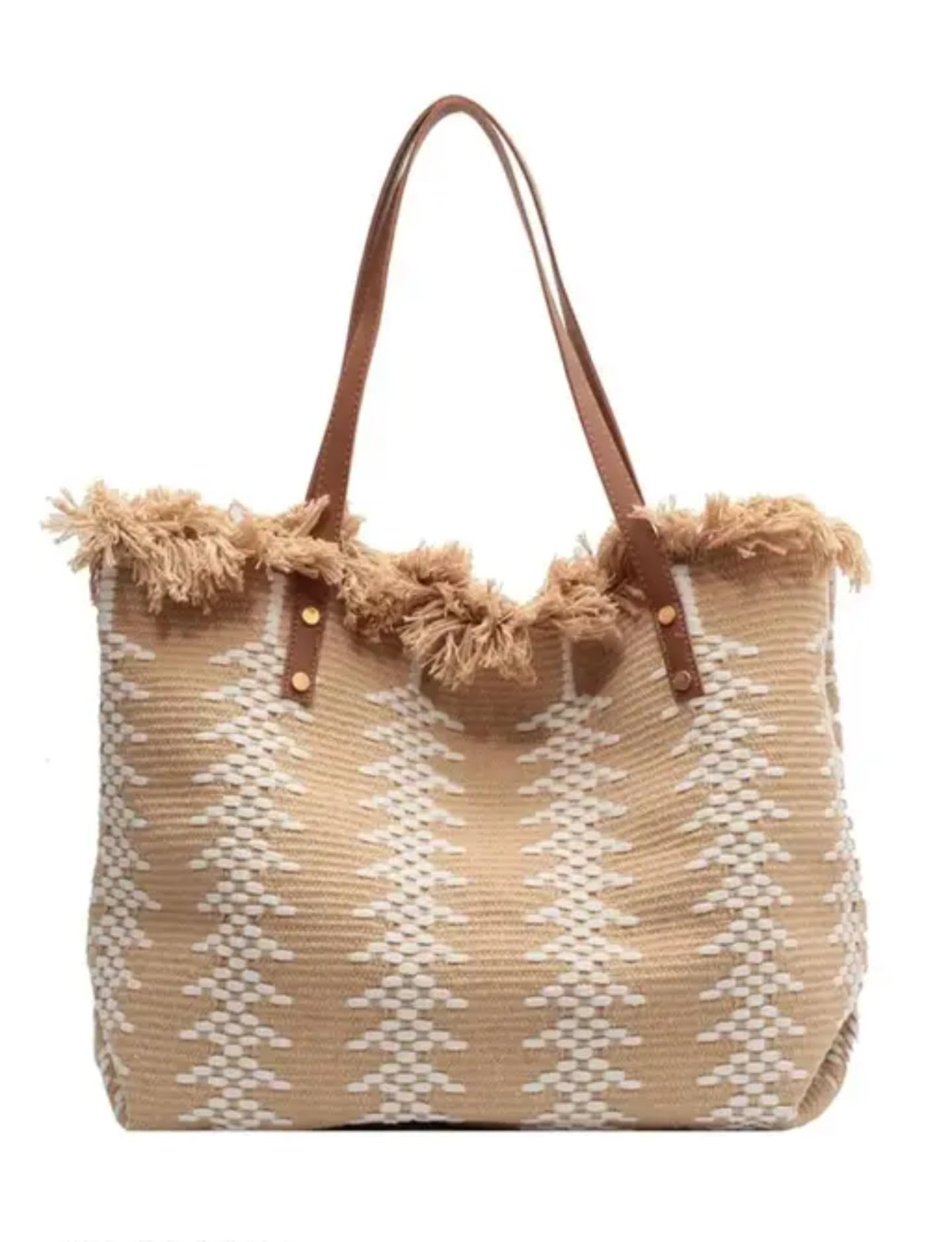 Handmade jute bag Boho Woven Beach Tote Bag with Fringe Trim, Beige Diamond Pattern, Leather Handles