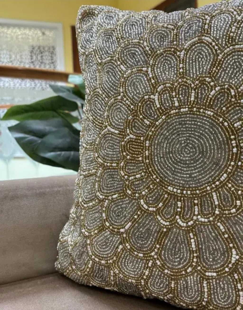 Beaded Mandala Floral Throw Pillow Cover, Gold and Silver, Decorative Handmade Cushion Cover for Sofa