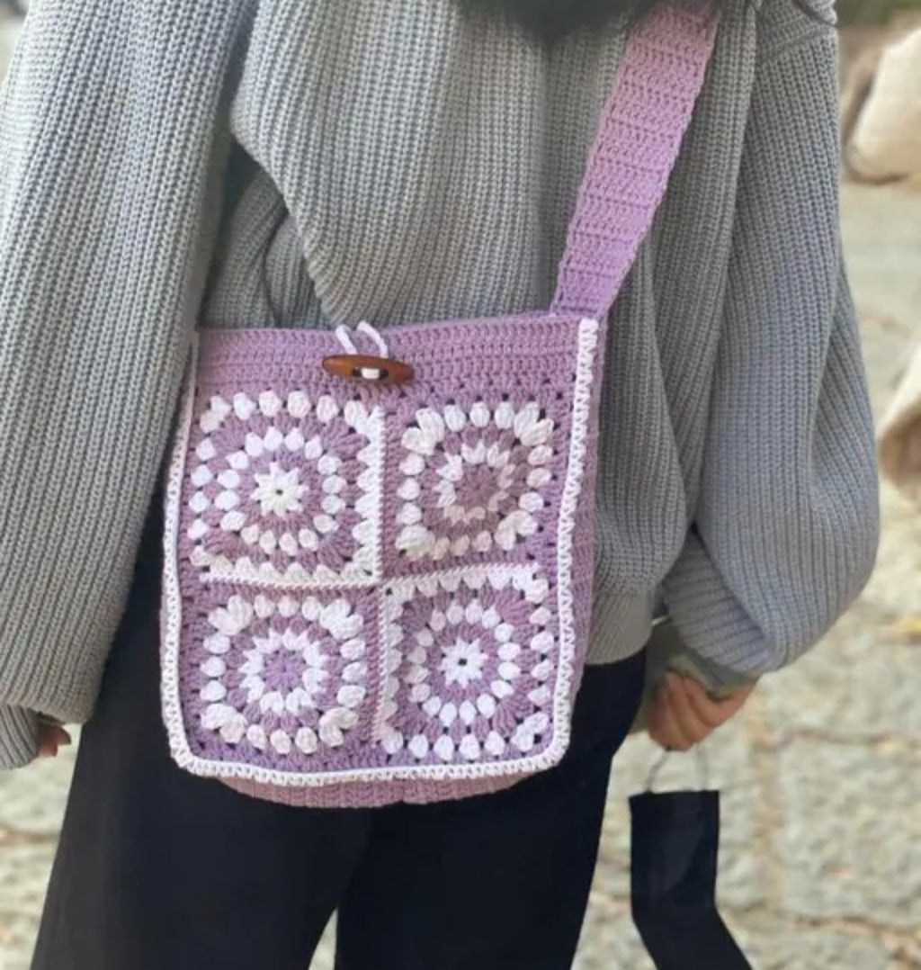 Crochet Granny Square Crossbody Bag, Purple and White, Daisy Smiley Face Applique, Boho Style