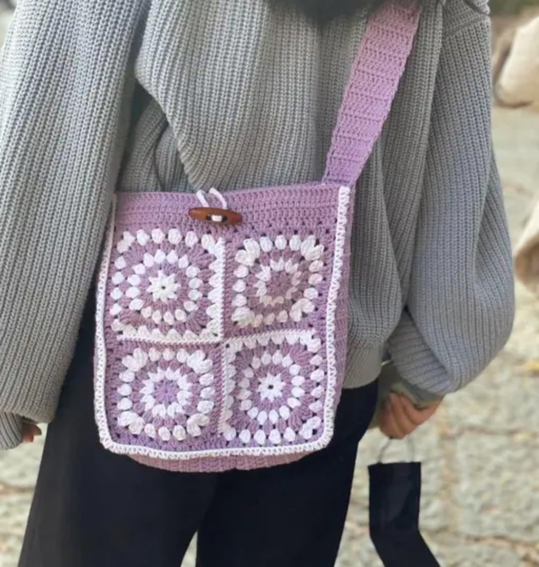 Crochet Granny Square Crossbody Bag, Purple and White, Daisy Smiley Face Applique, Boho Style