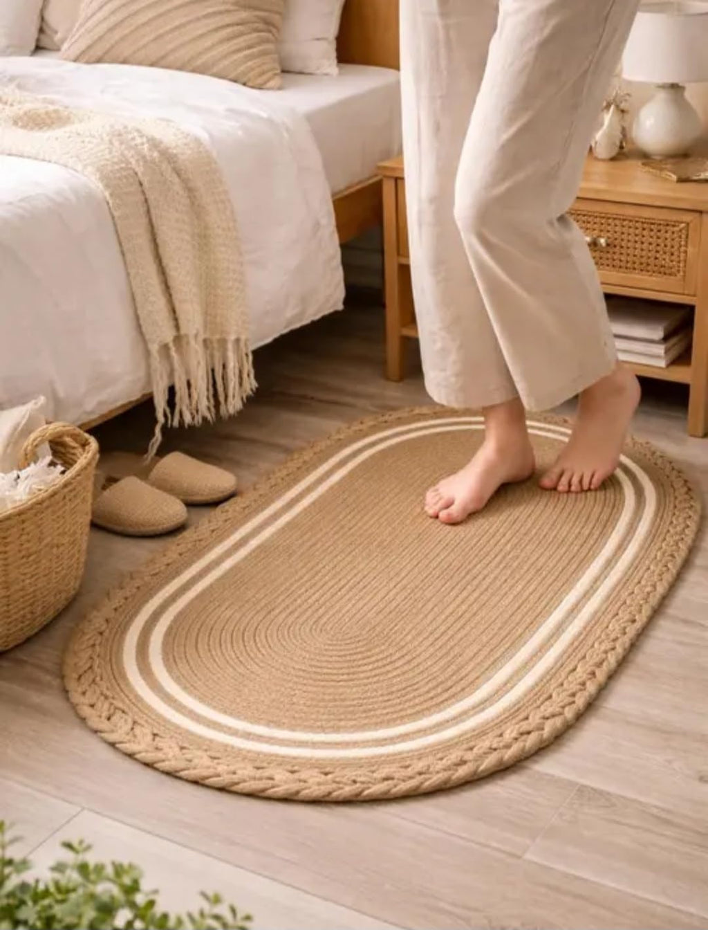 Oval Braided Doormat, Natural Tan with White Stripe, Indoor Outdoor Entryway Rug