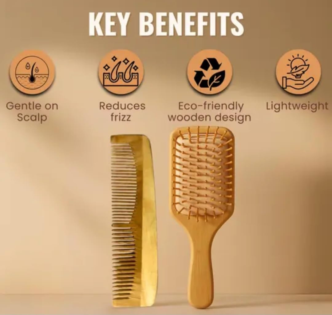 Wooden Hair Brush and Comb Set, Natural Bamboo, Paddle Brush with Wide Tooth Comb, 2 Piece