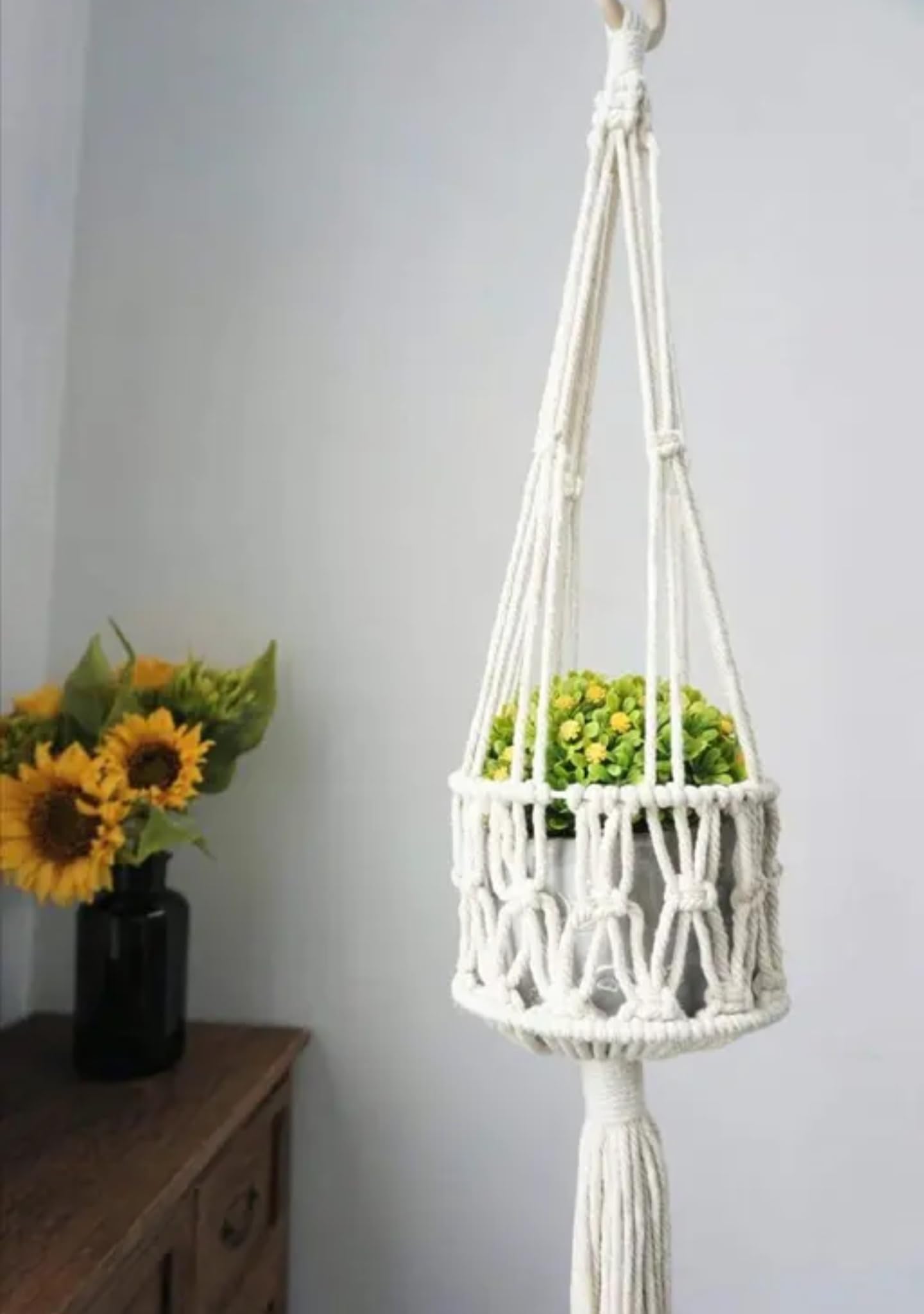 Macrame Plant Hangers, Set of 2, White Cotton Rope, Decorative Hanging Planters with Tassels