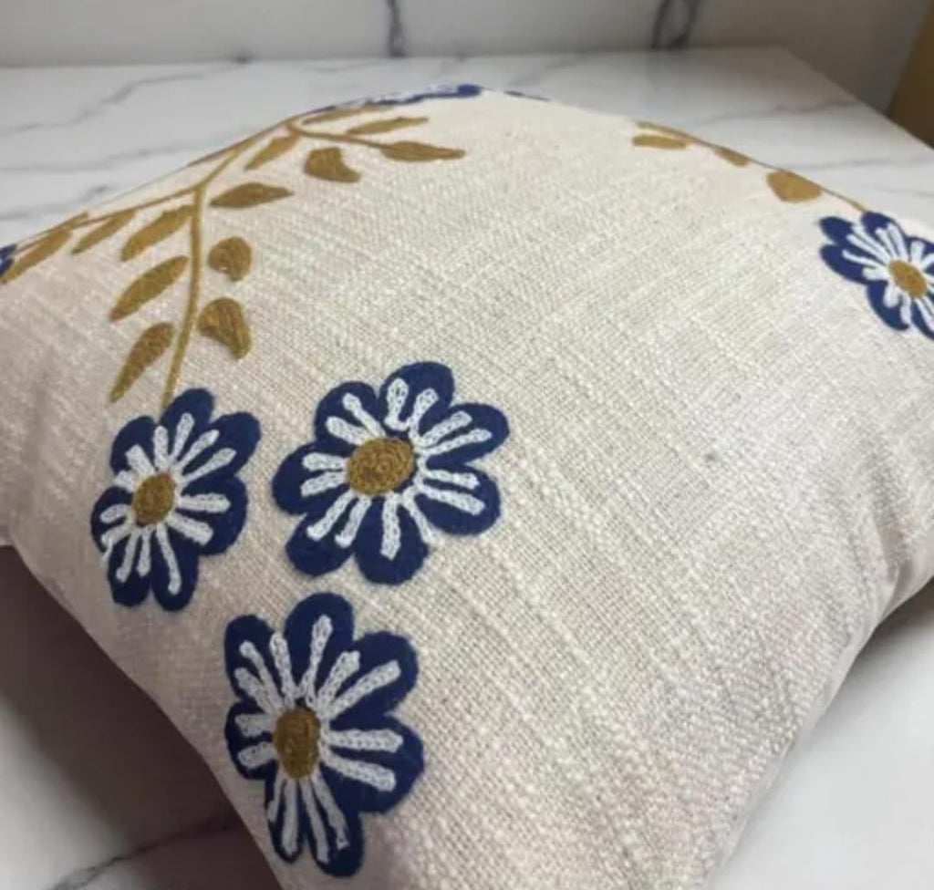 Floral Hand Embroidered Throw Pillow Cover, Beige Linen, Blue Flowers with Vine Detail, Decorative Square Cushion