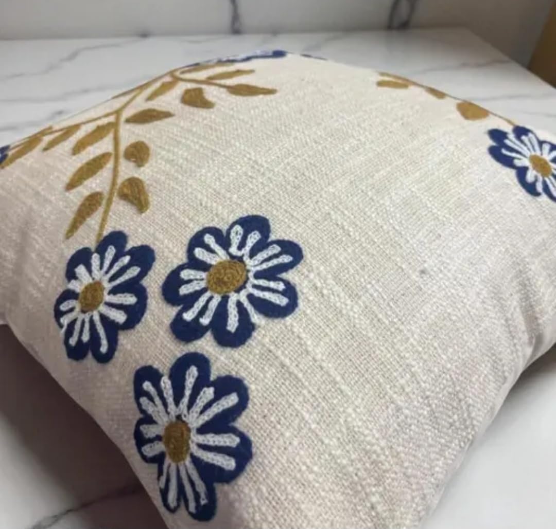Floral Hand Embroidered Throw Pillow Cover, Beige Linen, Blue Flowers with Vine Detail, Decorative Square Cushion