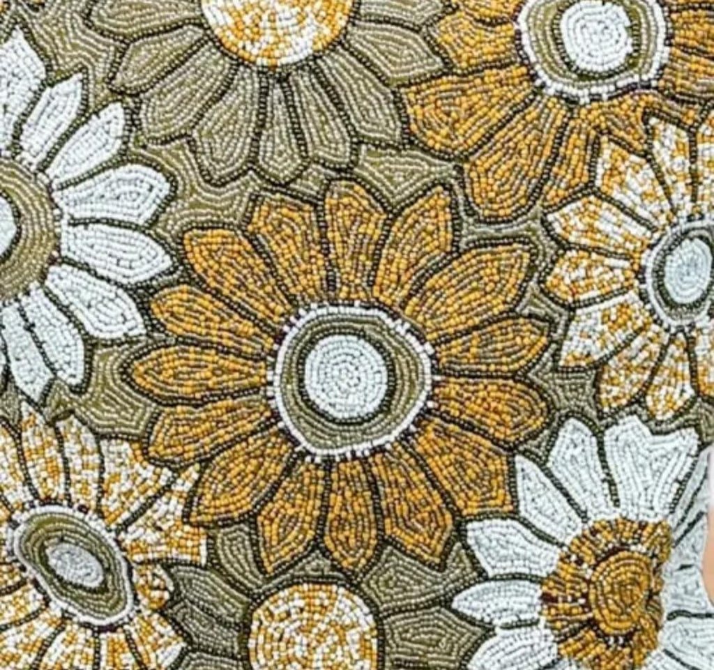 Beaded Floral Decorative Throw Pillow Cover, Yellow and White Flowers, Handcrafted Design