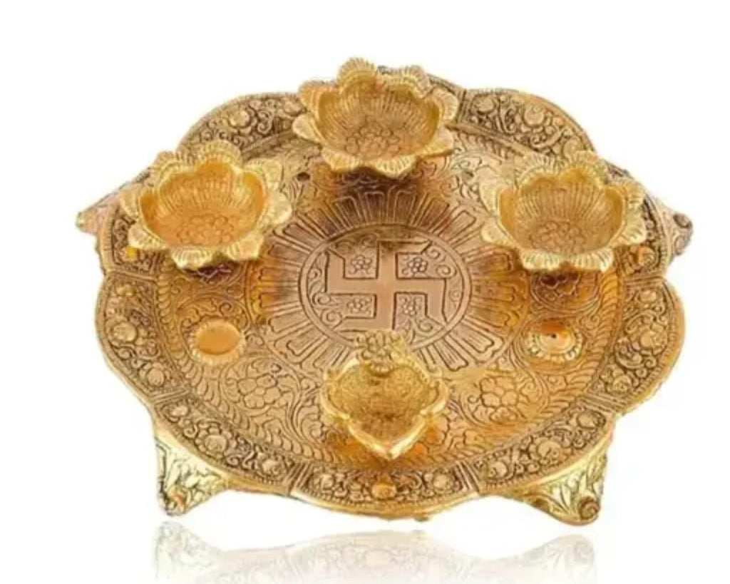 Decorative Gold Metal Pooja Thali Plate with Floral Design, Traditional Indian Prayer Platter for Religious Ceremonies