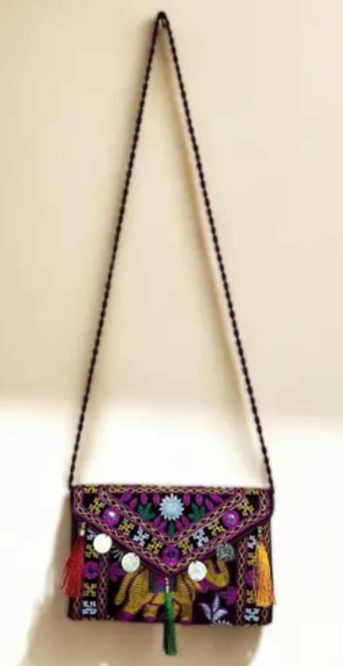 Handmade Bohemian Clutch Purse, Embroidered Elephant Design with Tassels, Decorative Coins, Multicolour, eco-friendly