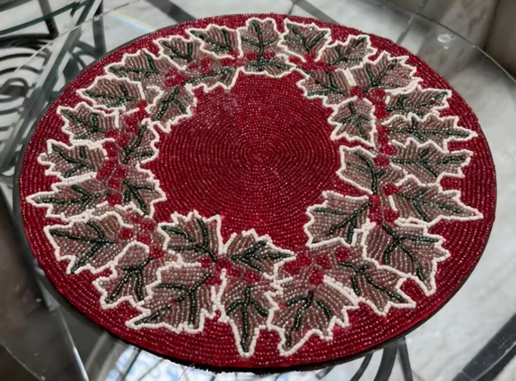 Beaded Placemat, Red with Leaf Design, Round, Handcrafted Glass Bead Table Mat, Holiday Theme