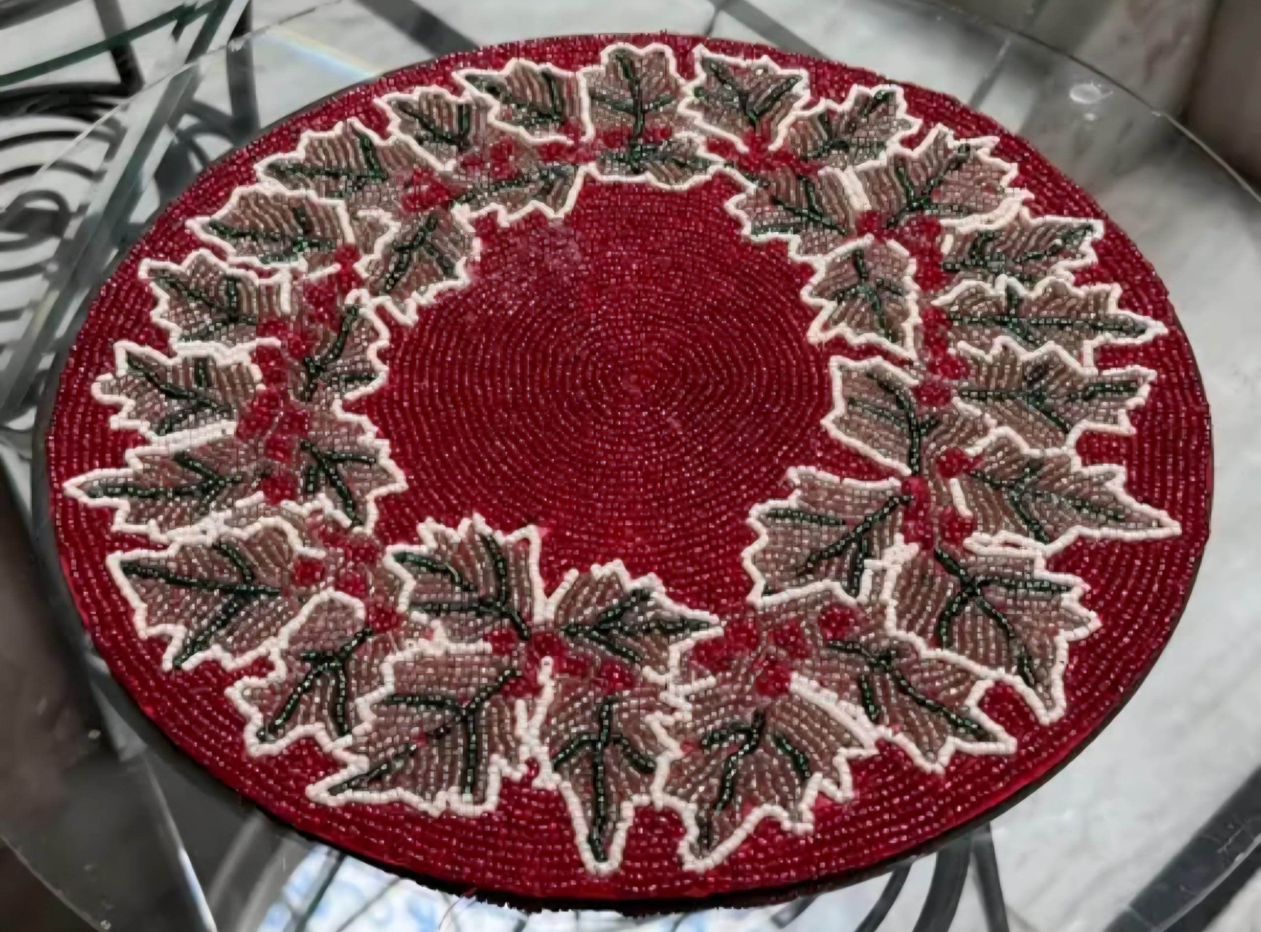 Beaded Placemat, Red with Leaf Design, Round, Handcrafted Glass Bead Table Mat, Holiday Theme