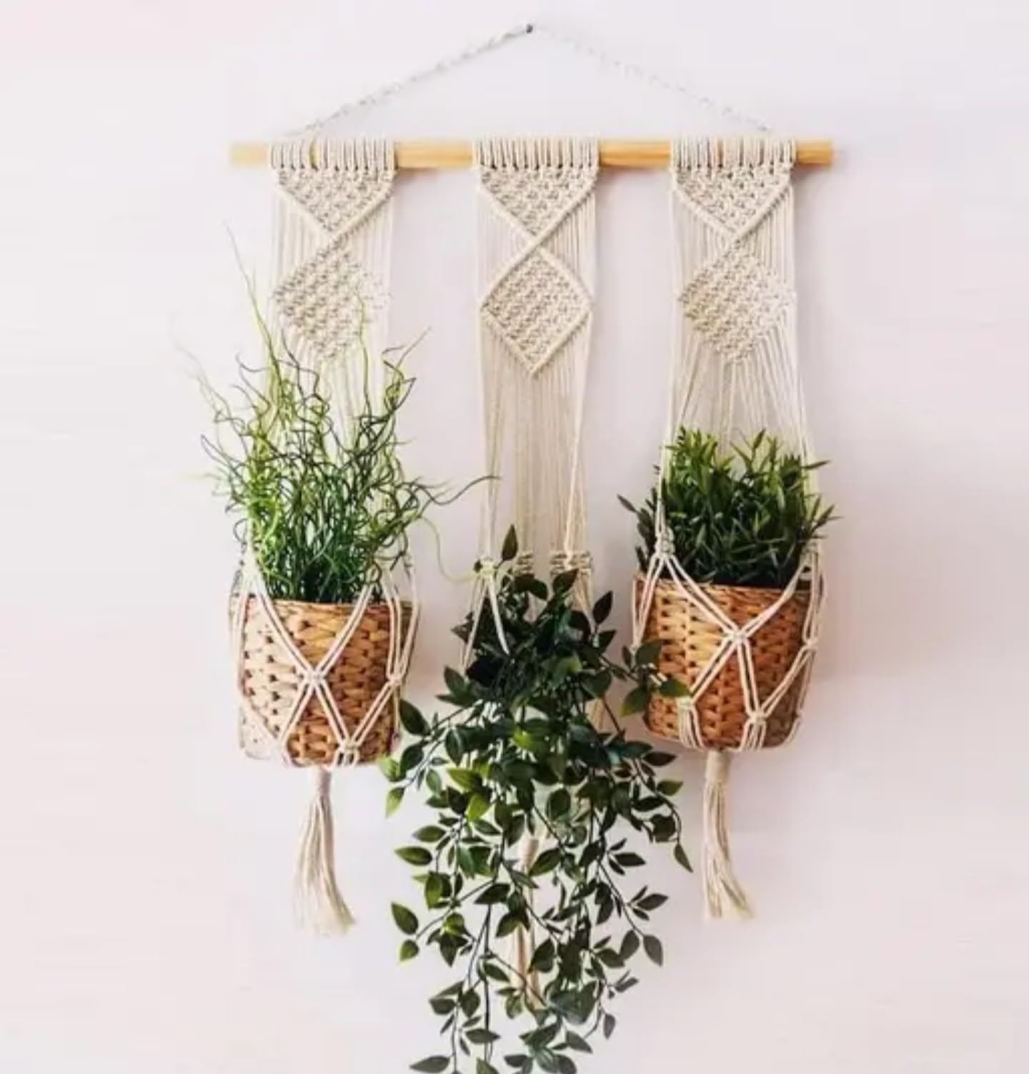 Macrame Plant Hanger Set with Wooden Rod, 3-Tier Woven Cotton Rope Hanging Planter, White