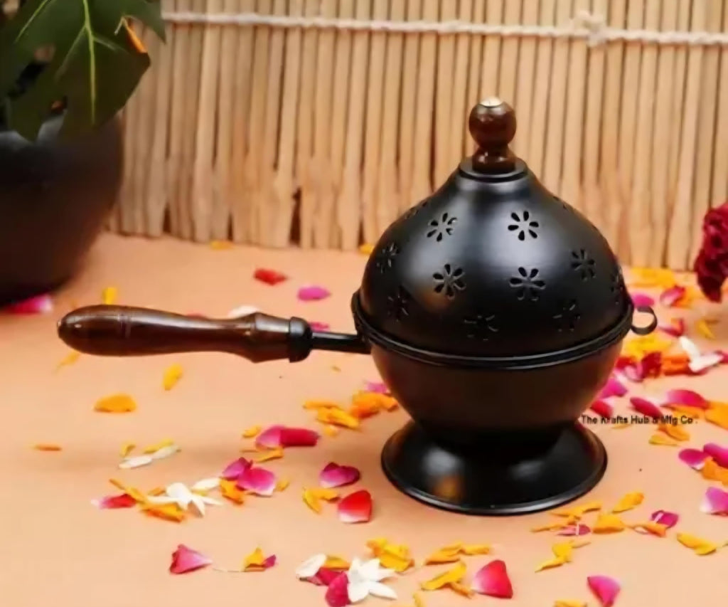 Iron Incense Burner with Wooden Handle, Black, Floral Cutwork Design, Dhoop Holder on Pedestal Stand