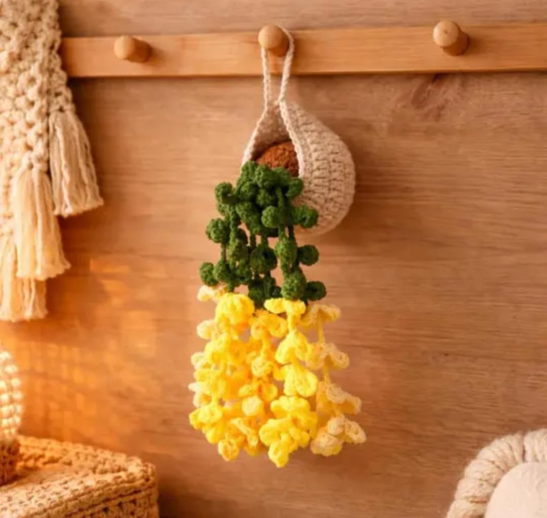 Crochet Hanging Plant Decor, Handmade Knit Faux Succulent in Woven Basket, Yellow and Green, Boho Wall Art, 1 piece