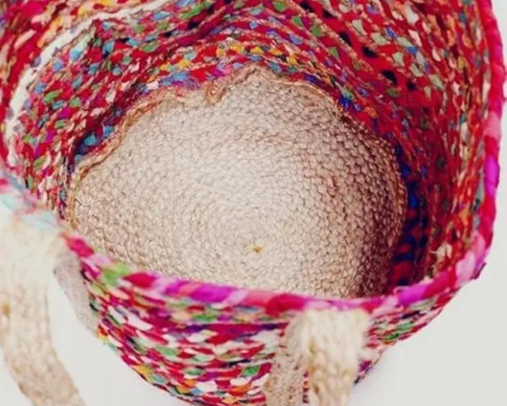 Handwoven Multicoloured Jute Tote Bag, Boho Chic Beach Bag, Rainbow Striped Pattern