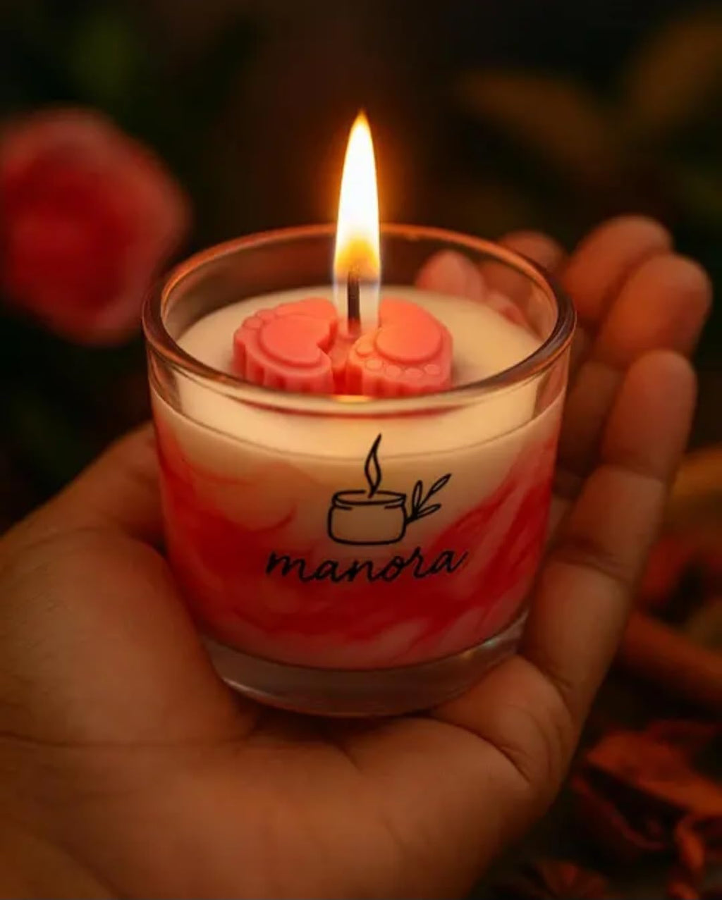 Baby feet Scented Jar Candle, Red and White Swirl, Glass Container, Floral Wax Topper
