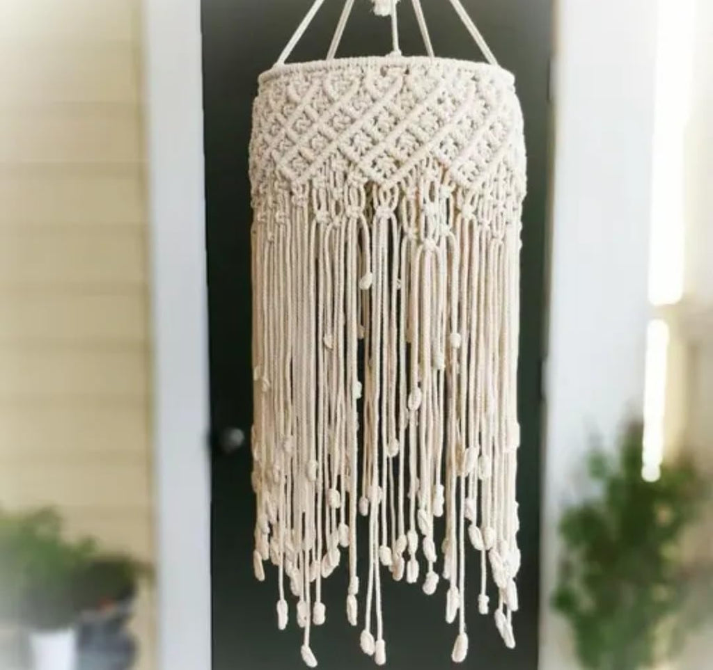 Macrame Lampshade, Beige, Handwoven Boho Style, Hanging Light Shade with Fringe