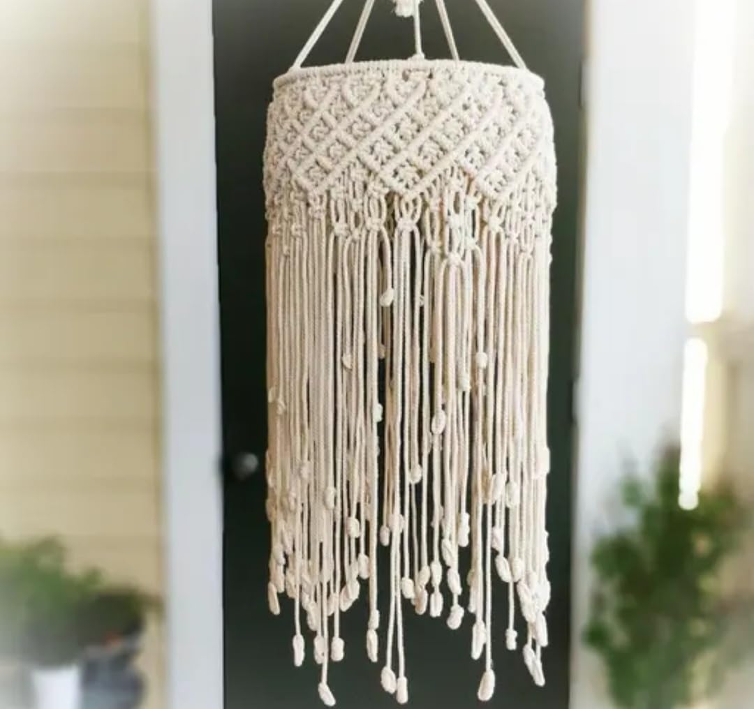 Macrame Lampshade, Beige, Handwoven Boho Style, Hanging Light Shade with Fringe
