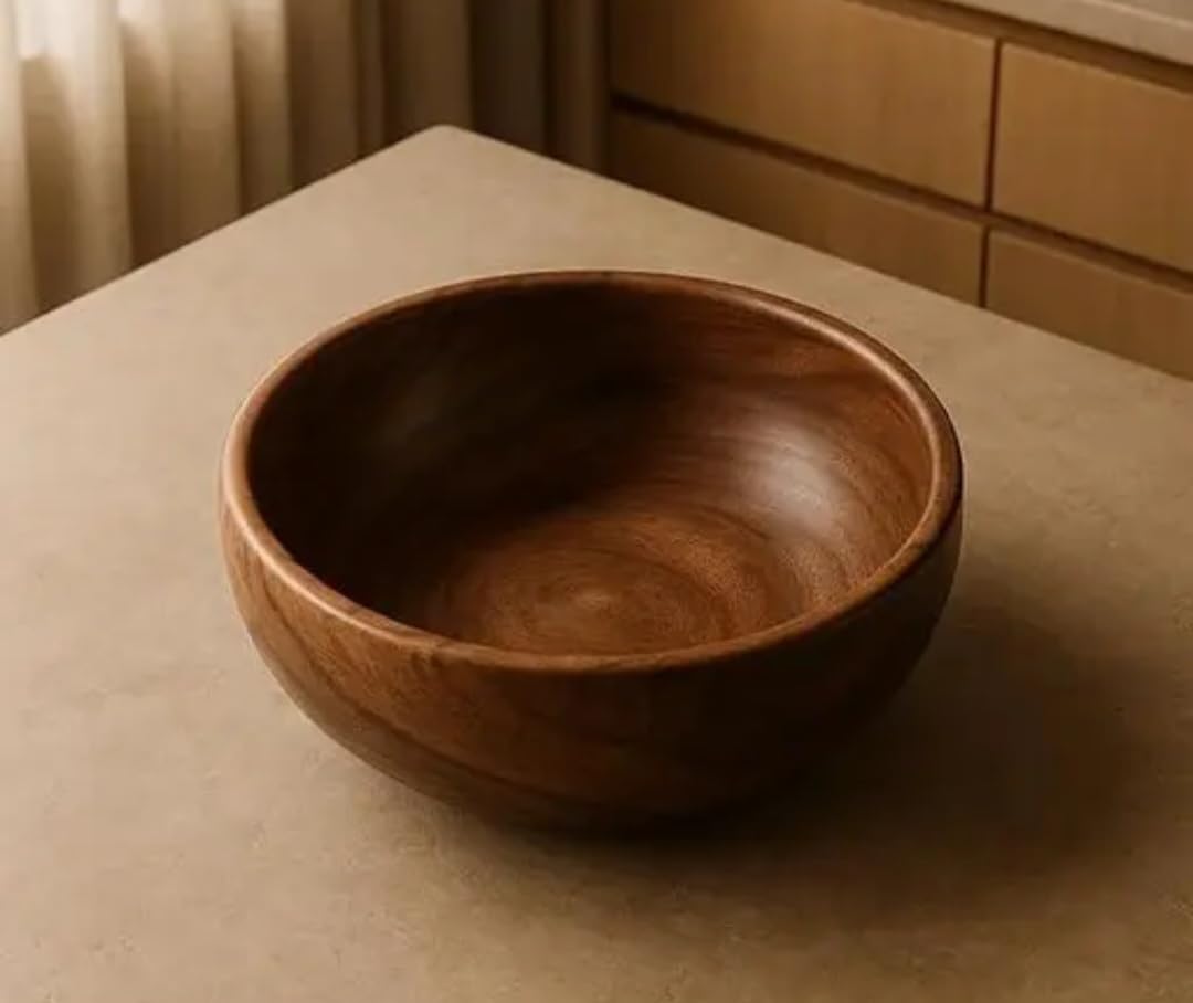 Wooden Serving Bowl, Natural Brown, Handcrafted Wood, Round Shape, Salad Fruit Display