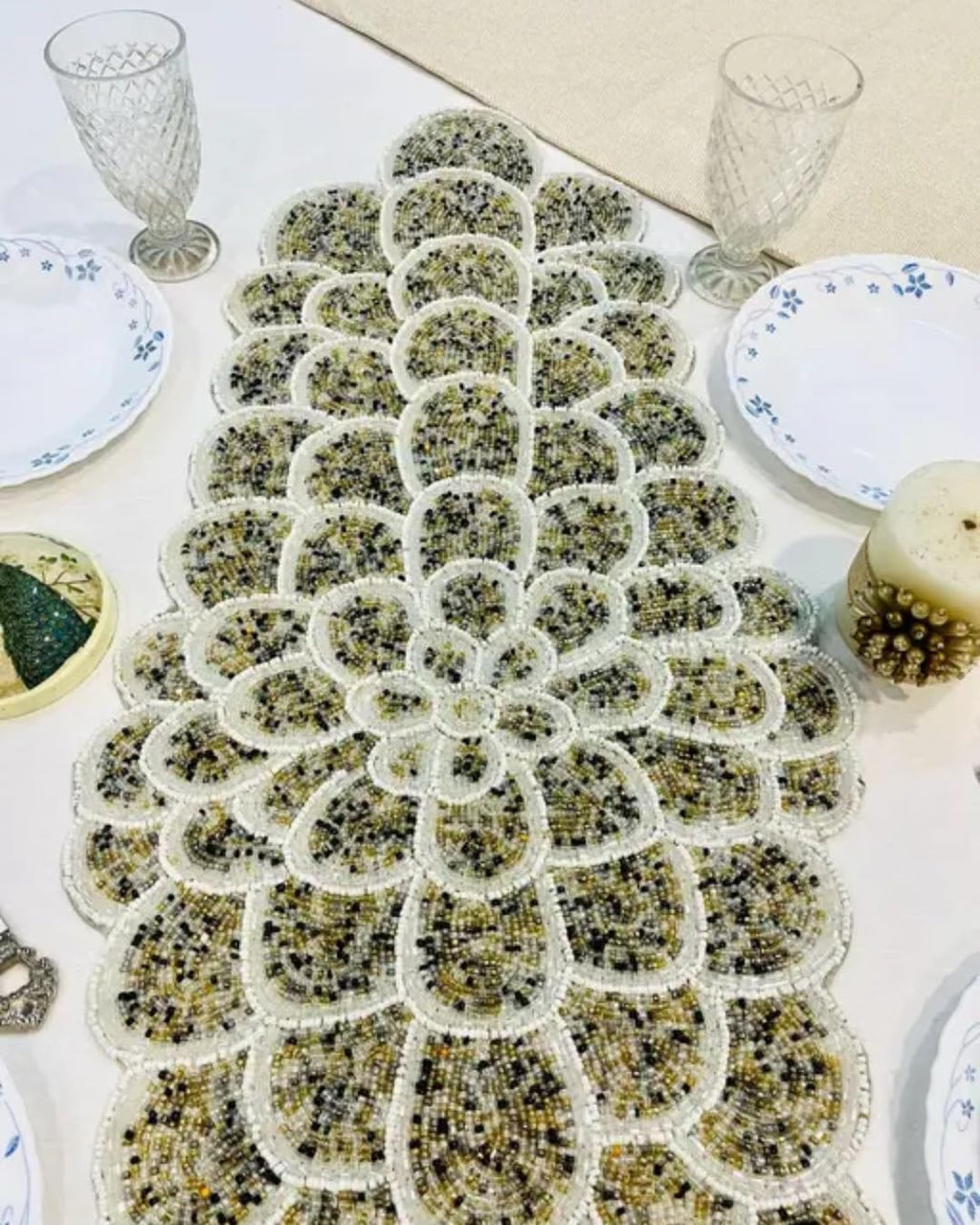 Beaded Table Runner, Floral Scalloped Design, Handcrafted, Dining Table Decor