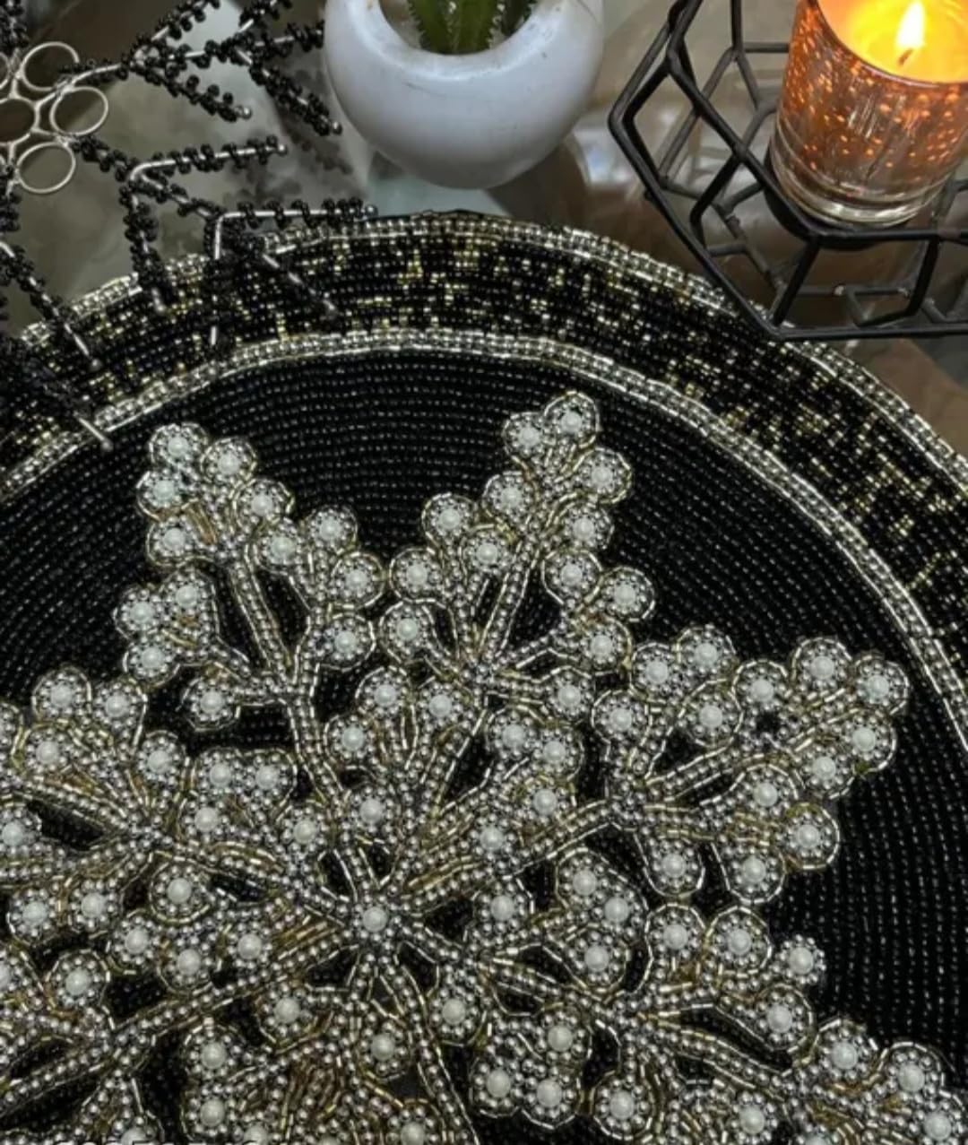 Beaded Snowflake Placemat, Black and Gold, Round, Handcrafted, Christmas Holiday Table Decor