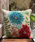 Beaded Floral Decorative Throw Pillow Cover, Turquoise and Coral Flowers, Cream Background, Square Cushion Cover