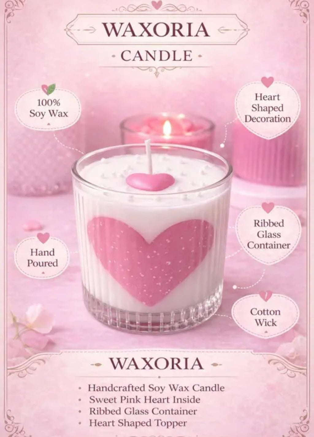 Valentine's Special Heart Candle in Glass, White and Pink, Gift for Valentine's Day, Made with Love