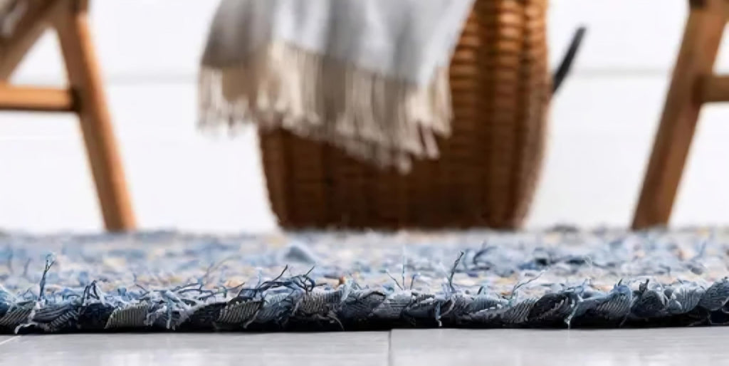 Handwoven Jute and Denim Area Rug, Blue and Natural Striped, Boho Style, Living Room Runner
