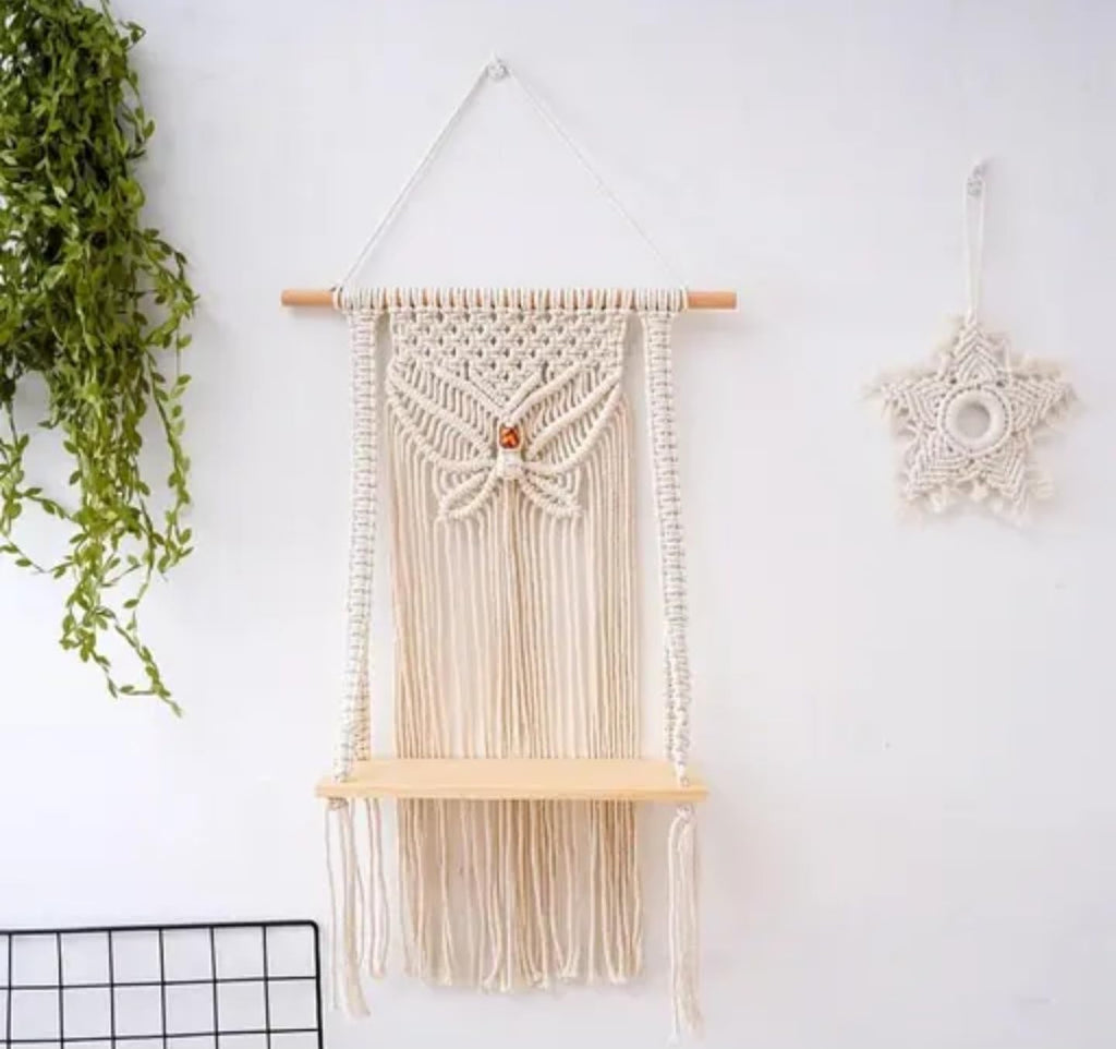 Macrame Wall Hanging Shelf with Decorative Pattern, Wooden Floating Shelf, Handwoven Cotton Rope, Cream White