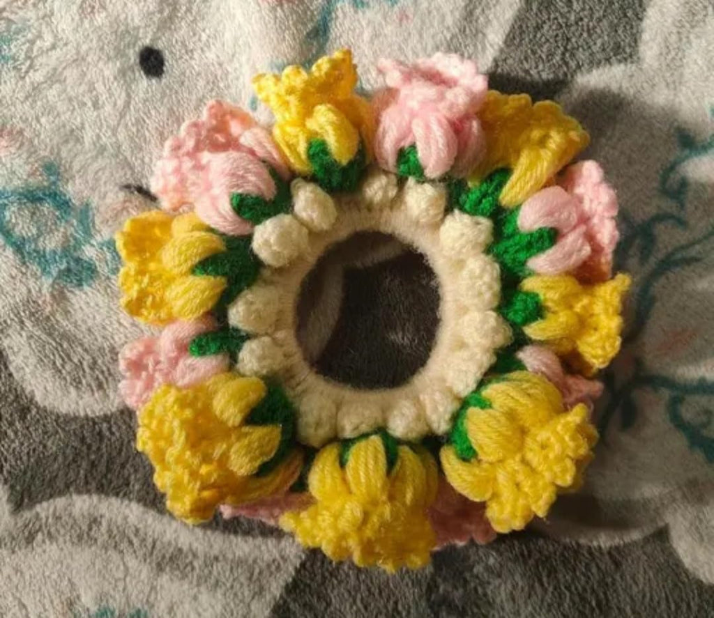 Handmade Crochet Floral Hair Scrunchie, Yellow, Pink, and Green, Flower Design