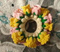 Handmade Crochet Floral Hair Scrunchie, Yellow, Pink, and Green, Flower Design