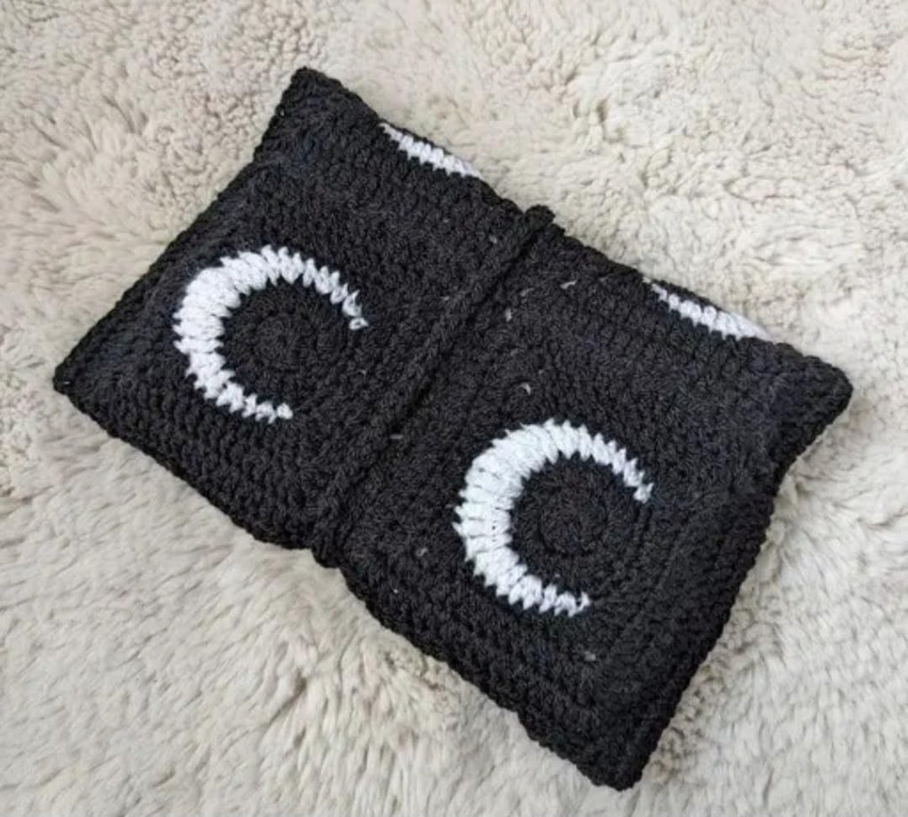 Crochet E-Reader Sleeve, Black and White, Handmade Knit Pouch Compatible with Kindle, Cassette Tape Style