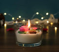 Decorative Glass Jar Candle with Pink Lotus Flower, Pearl Embellishments, Festive Home Decor