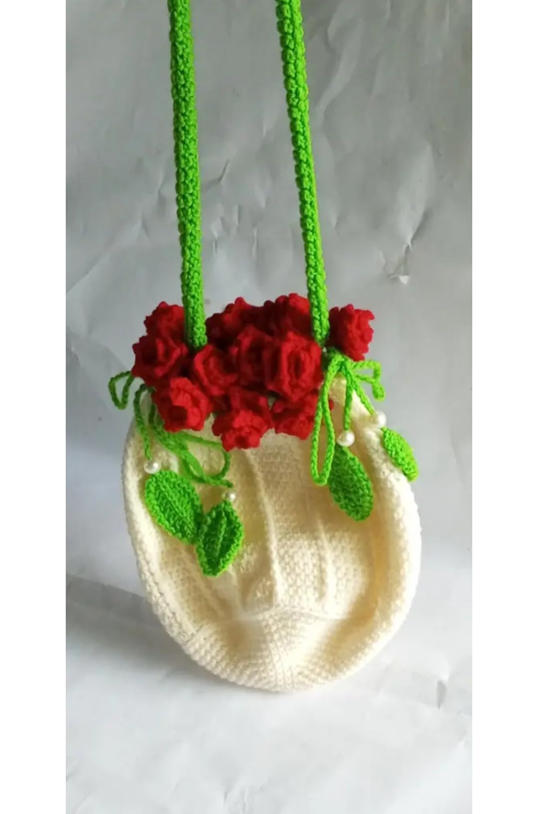 Handmade Crochet Crossbody Bag, Cream with Red Rose Floral Embellishment, Green Strap, Knit Drawstring Purse